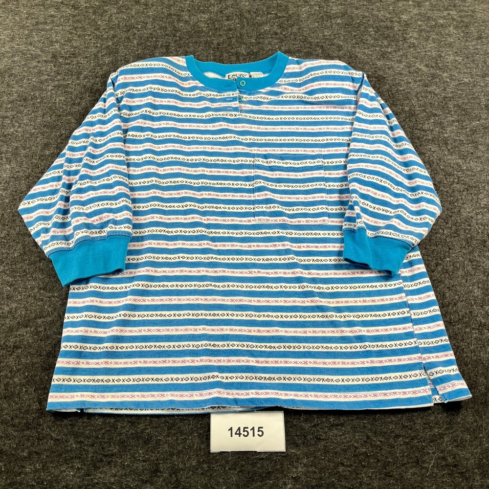 Vtg 90s USA Levi's Travelers Henley Shirt Womens L Blue Striped Long Sleeve